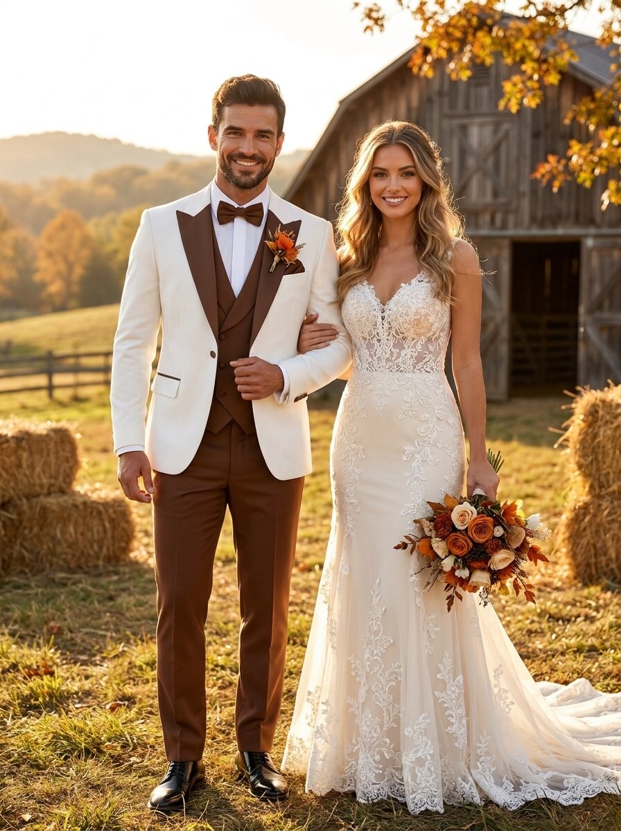 Men’s Ivory & Orange-Toned Brown 3 Piece Wedding Tuxedo