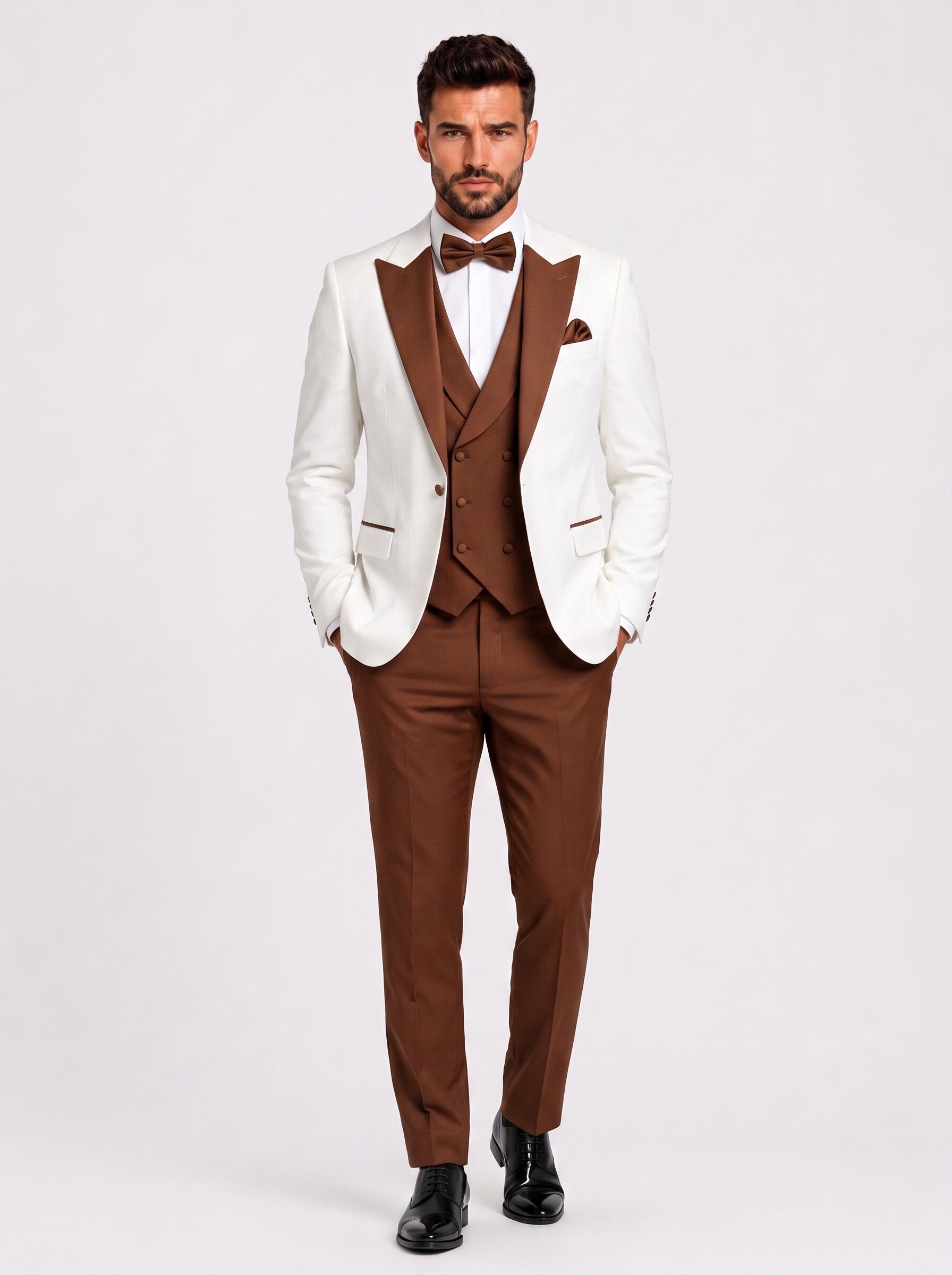 Men’s Ivory & Orange-Toned Brown 3 Piece Wedding Tuxedo