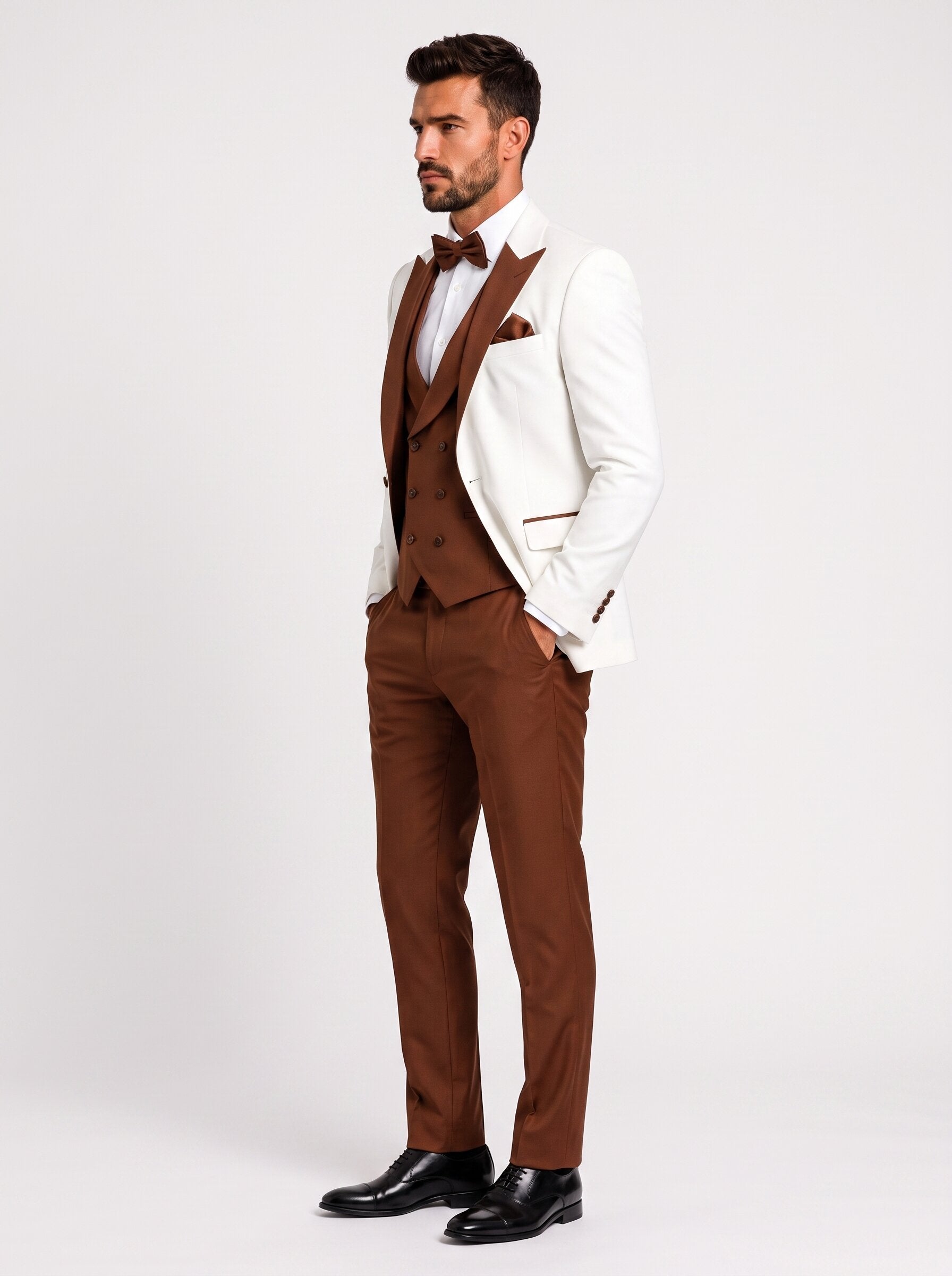 Men’s Ivory & Orange-Toned Brown 3 Piece Wedding Tuxedo