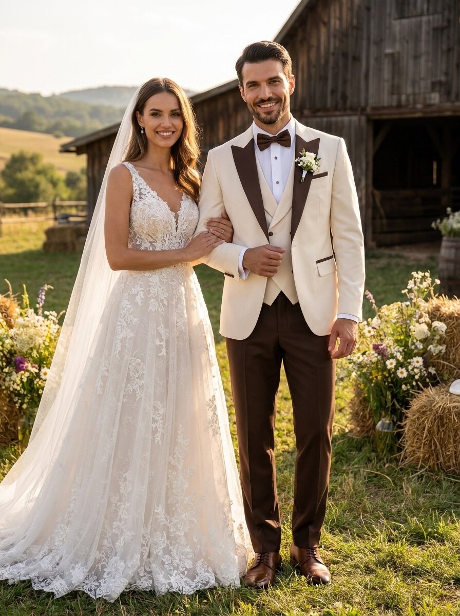 Men’s Ivory & Brown 3 Piece Fall Wedding Tuxedo