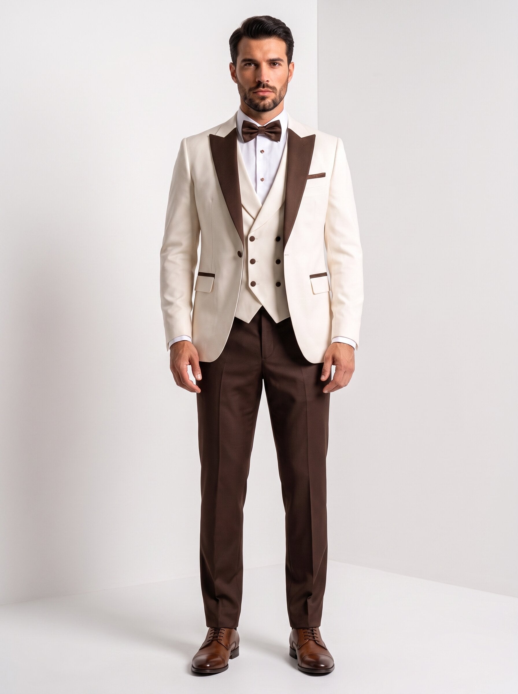 Men’s Ivory & Brown 3 Piece Fall Wedding Tuxedo