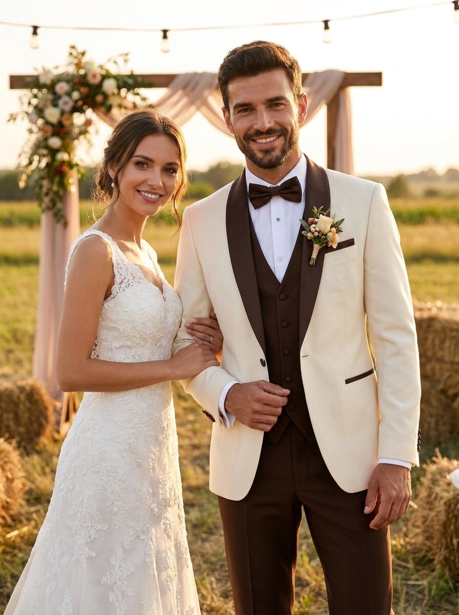 Men’s Ivory & Brown 3 Piece Wedding Tuxedo