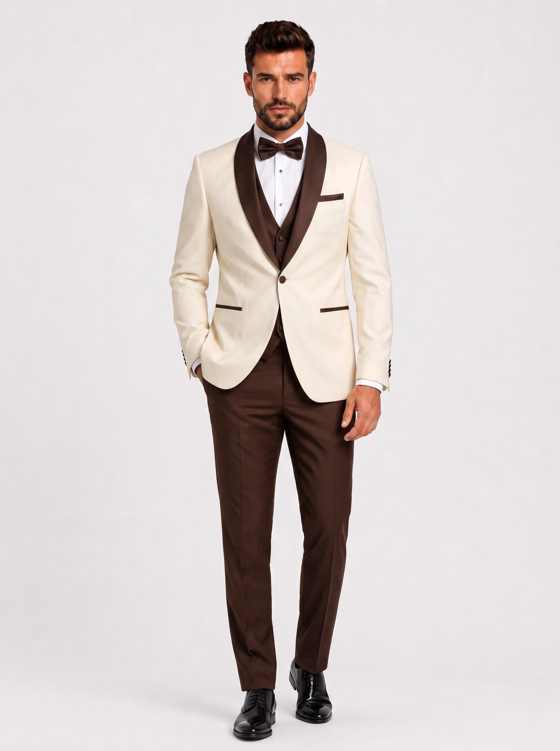 Ivory Tuxedo Suit, Brown Shawl Lapel Wedding Suit 