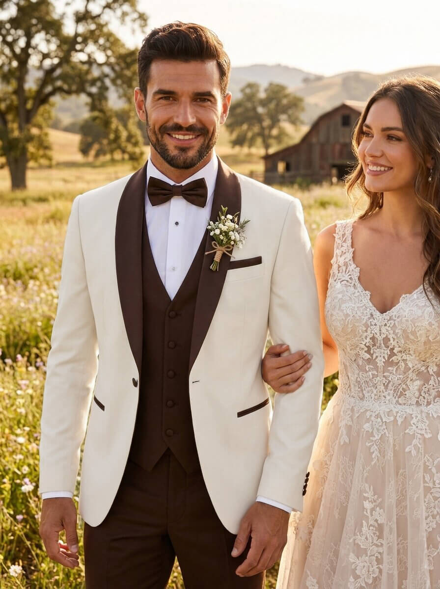 Men’s Ivory & Brown 3 Piece Wedding Tuxedo