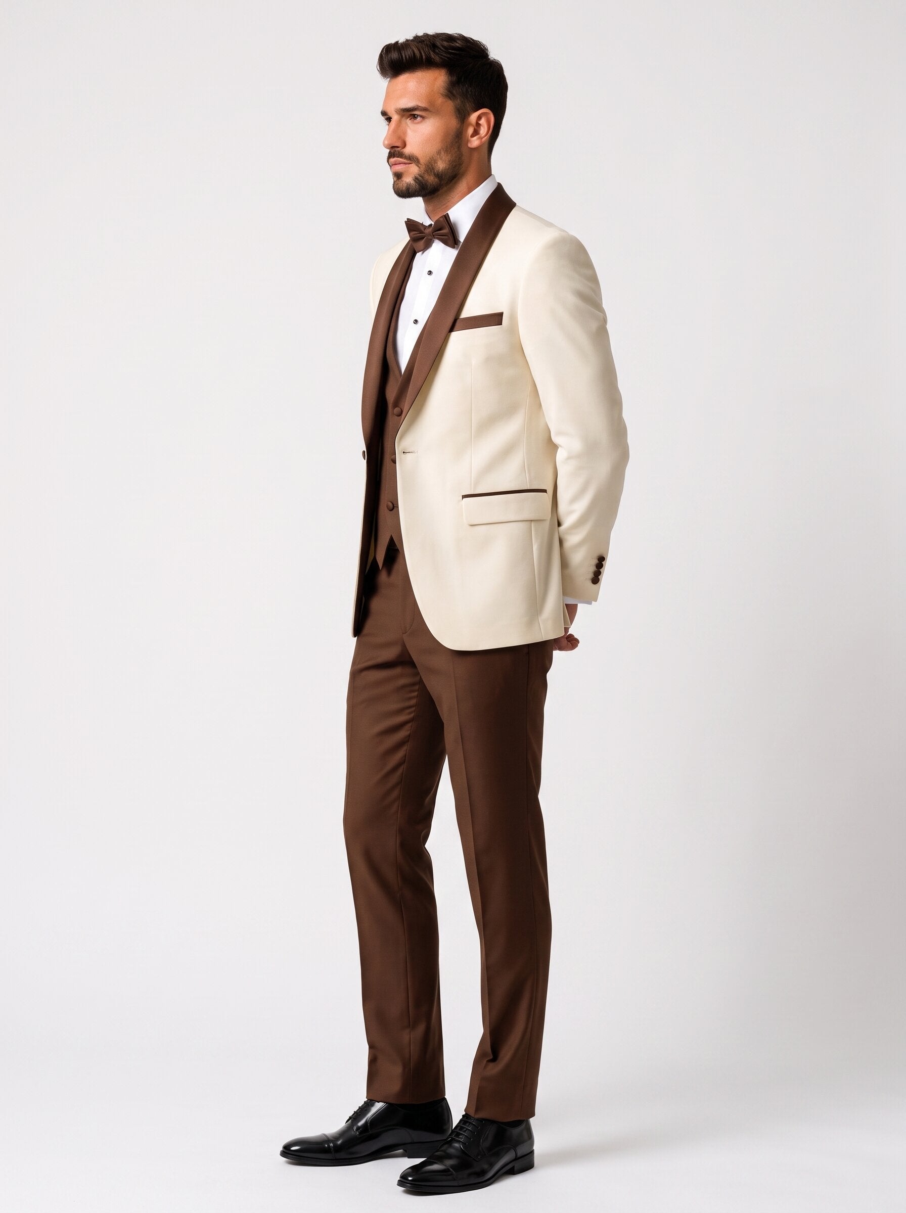 Ivory Tuxedo Suit, Brown Shawl Lapel Wedding Suit 