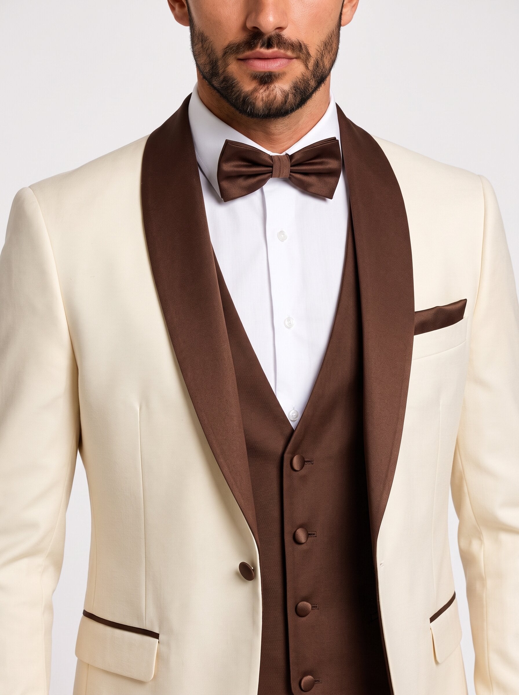 Ivory Tuxedo Suit, Brown Shawl Lapel Wedding Suit 