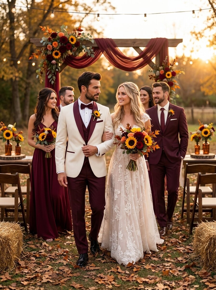 Men’s Ivory Burgundy 3-Piece Wedding Tuxedo Suit