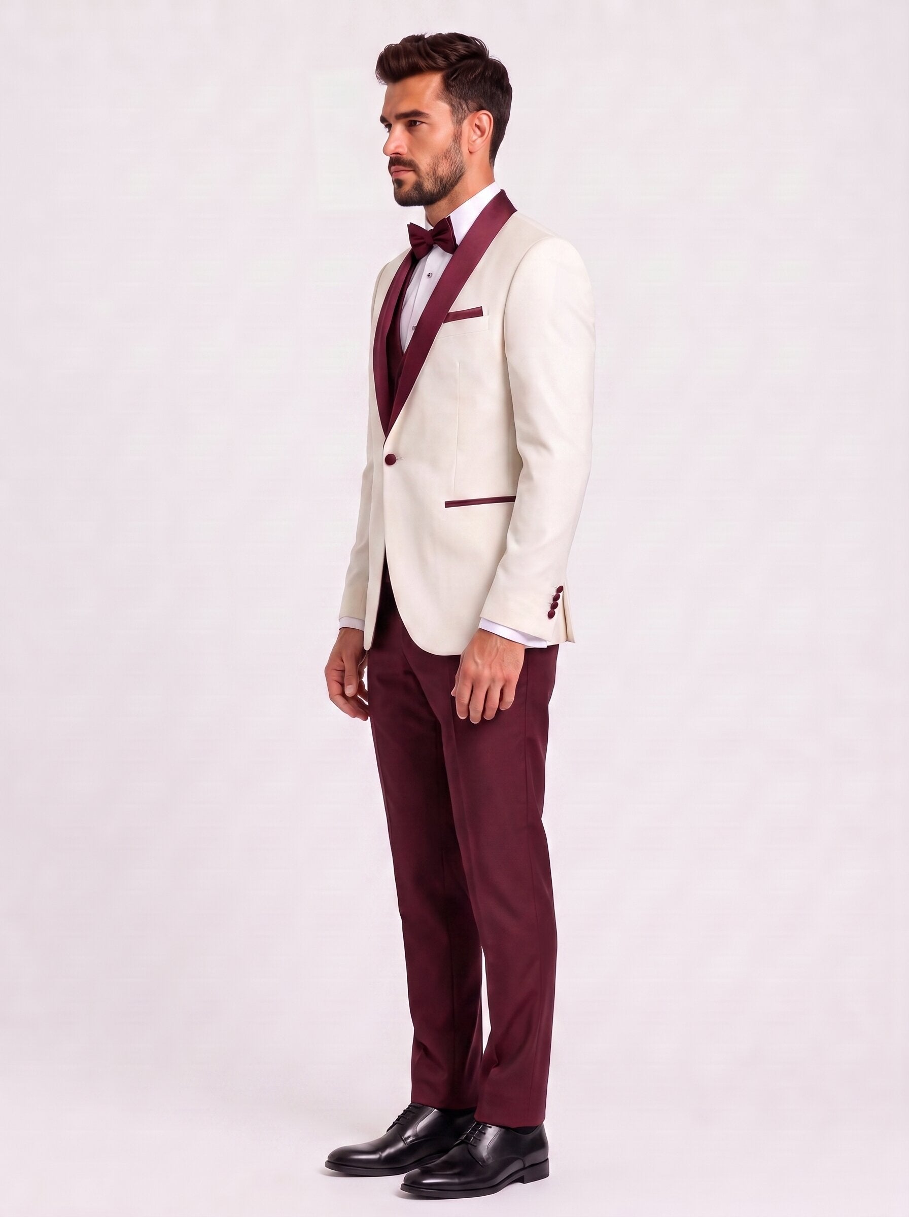 Men’s Ivory Burgundy 3-Piece Wedding Tuxedo Suit