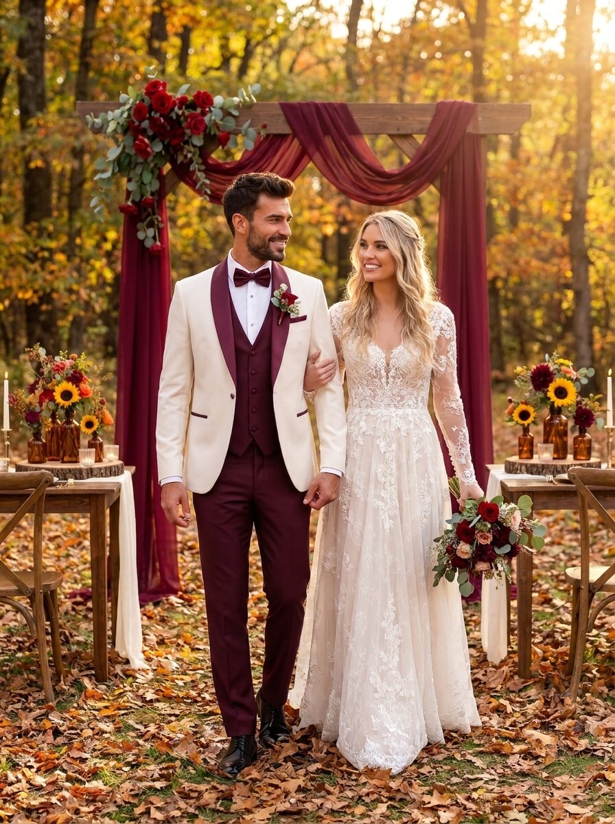 Men’s Ivory Burgundy 3-Piece Wedding Tuxedo Suit