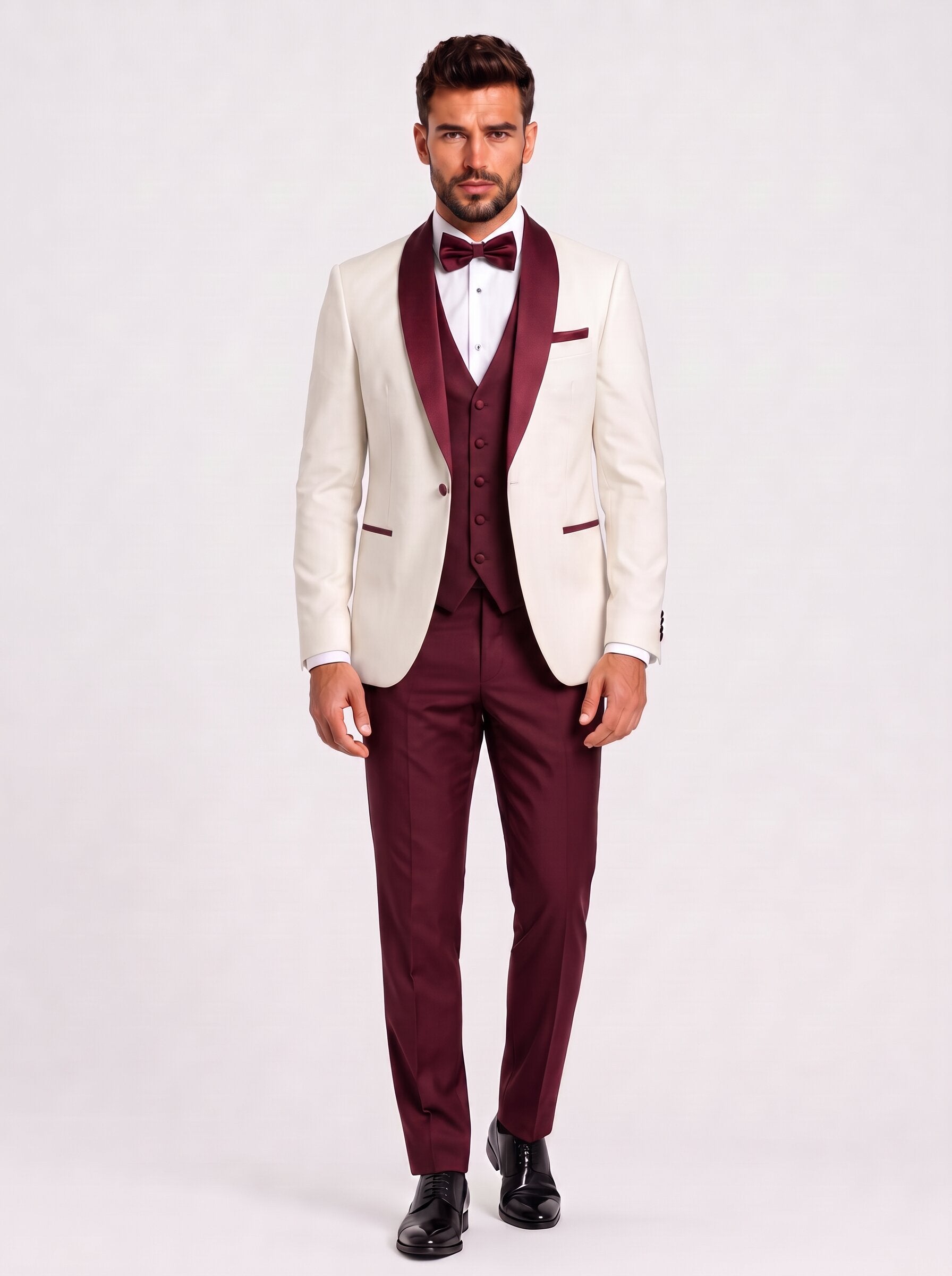 Men’s Ivory Burgundy 3-Piece Wedding Tuxedo Suit