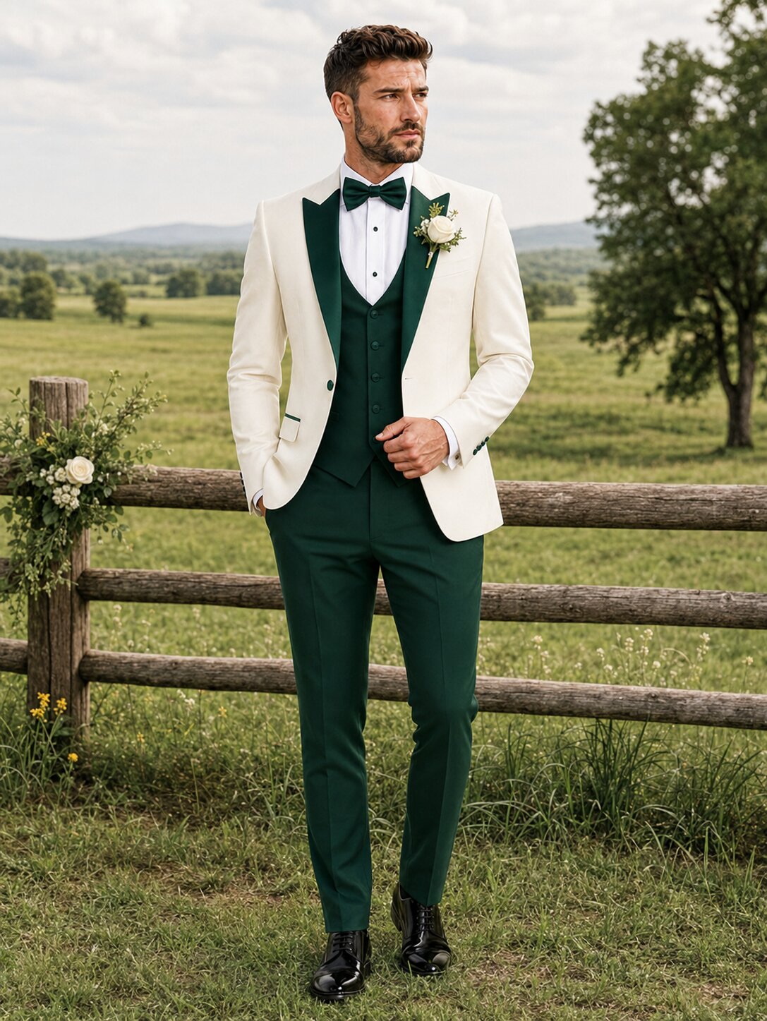 Men’s Ivory & Dark Green 3-Piece Peak Lapel Tuxedo