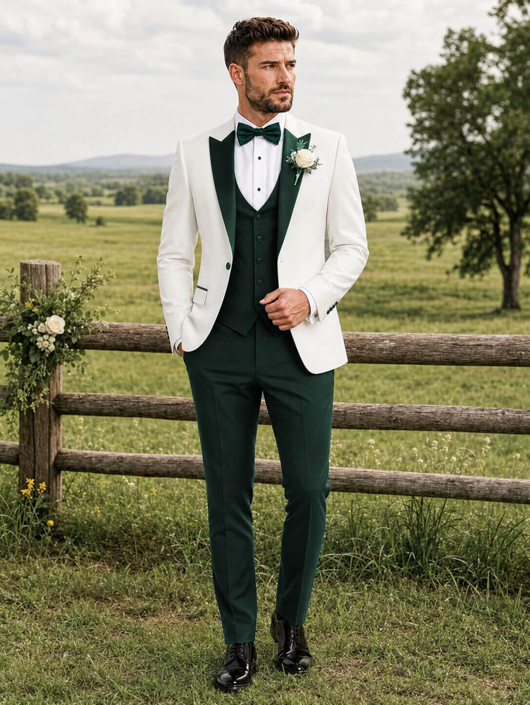 Men’s Ivory & Dark Green 3-Piece Peak Lapel Tuxedo