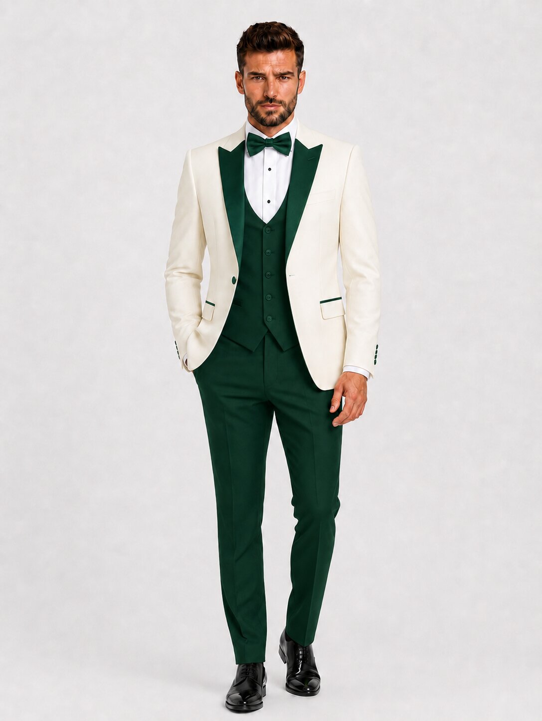 Men’s Ivory & Dark Green 3-Piece Peak Lapel Tuxedo