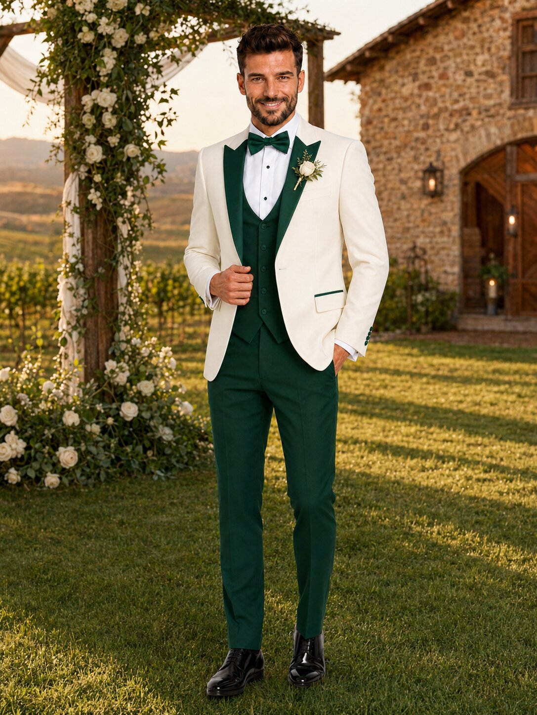 Men’s Ivory & Dark Green 3-Piece Peak Lapel Tuxedo