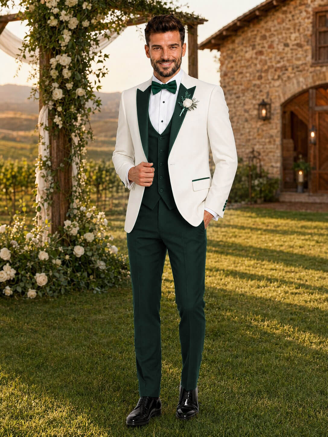 Men’s Ivory & Dark Green 3-Piece Peak Lapel Tuxedo