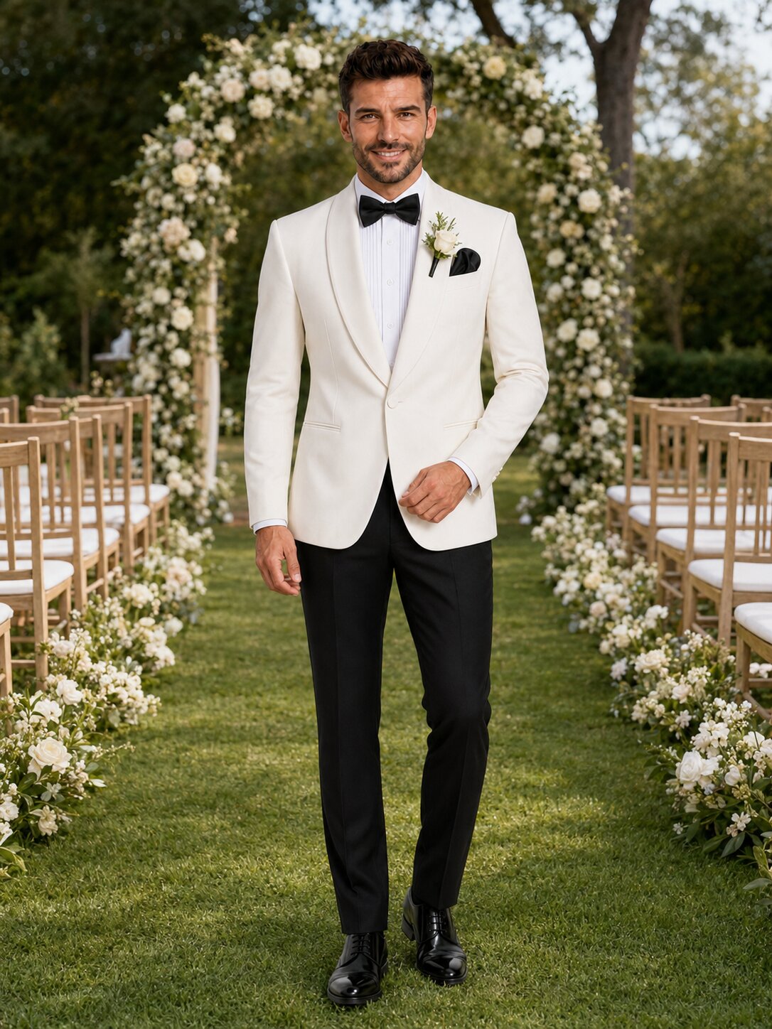 Men’s Ivory Shawl Lapel Tuxedo with Black Trousers