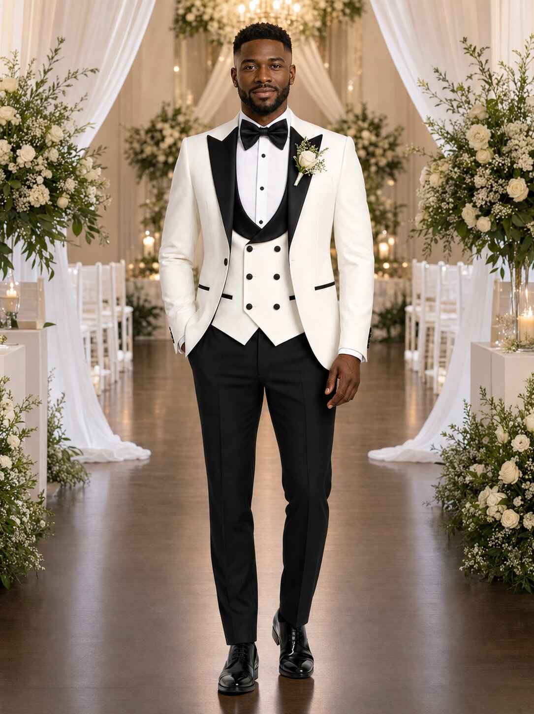 Men’s Ivory & Black Peak Lapel 3-Piece Groom Tuxedo