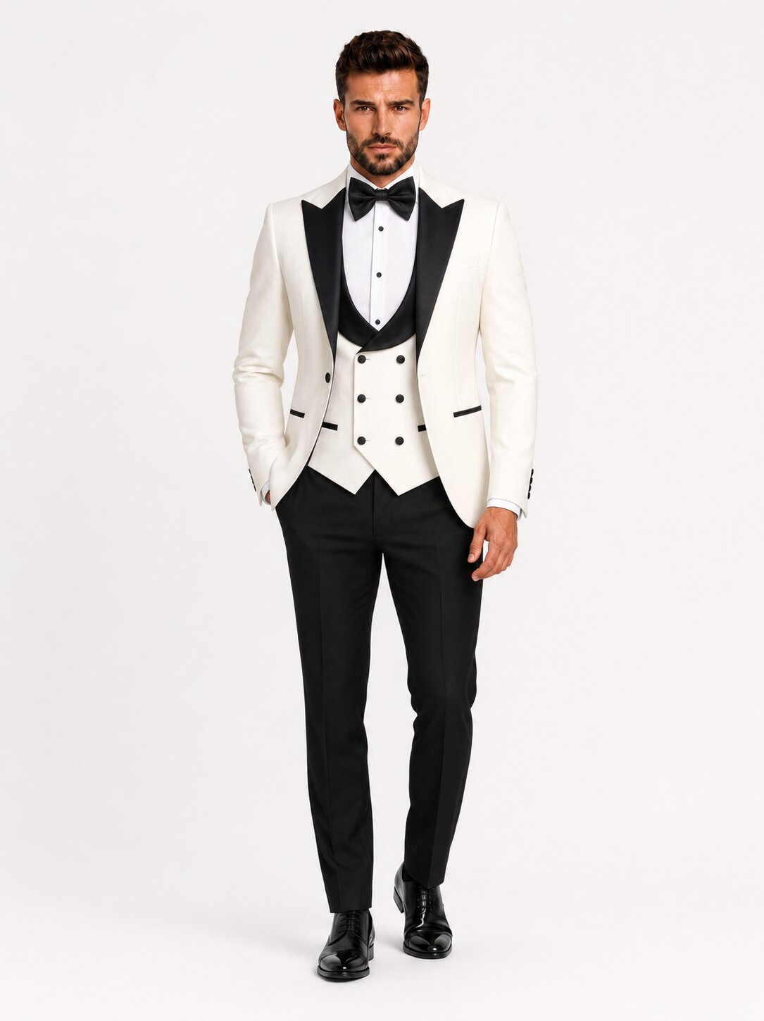 Men’s Ivory & Black Peak Lapel 3-Piece Groom Tuxedo
