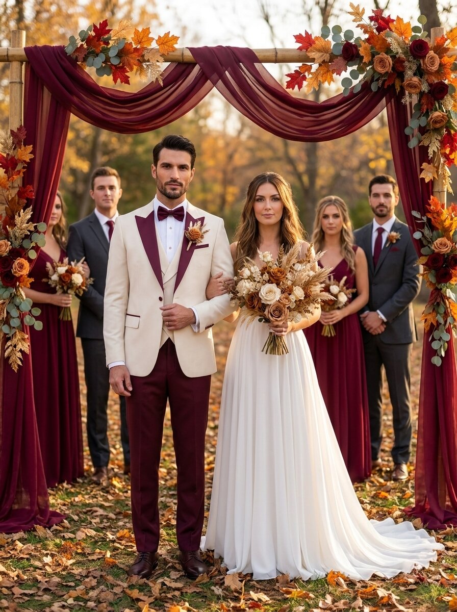 Men’s Ivory & Burgundy 3-Piece Peak Lapel Wedding Tuxedo