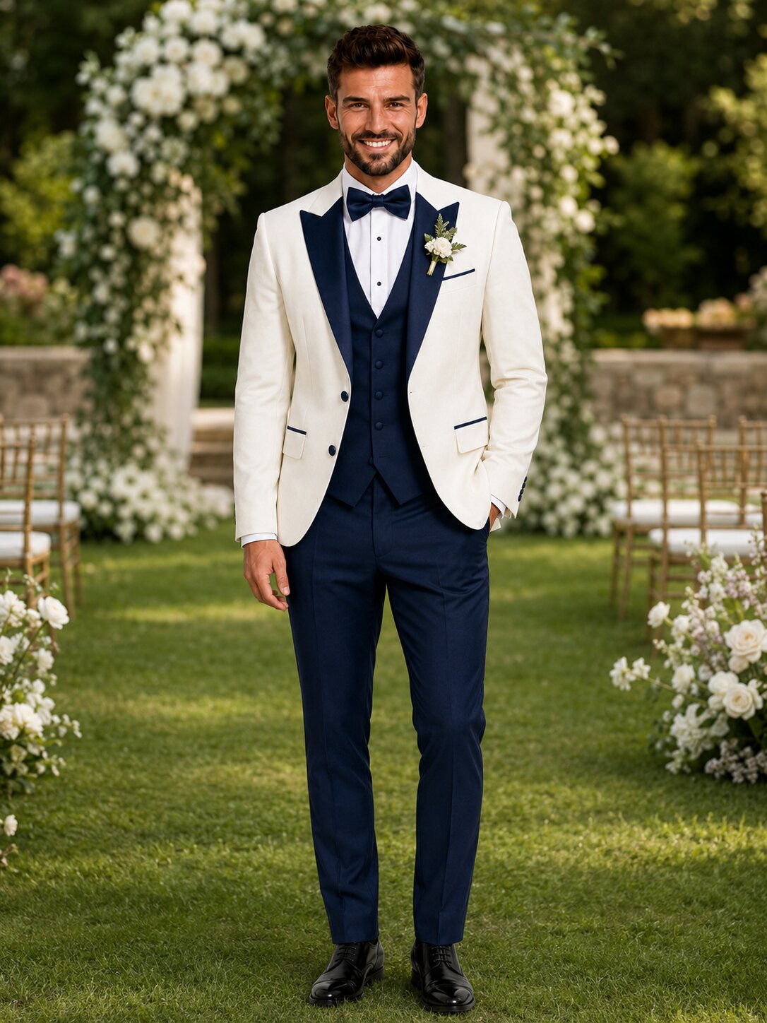 Men’s Ivory & Navy 3-Piece Wedding Tuxedo
