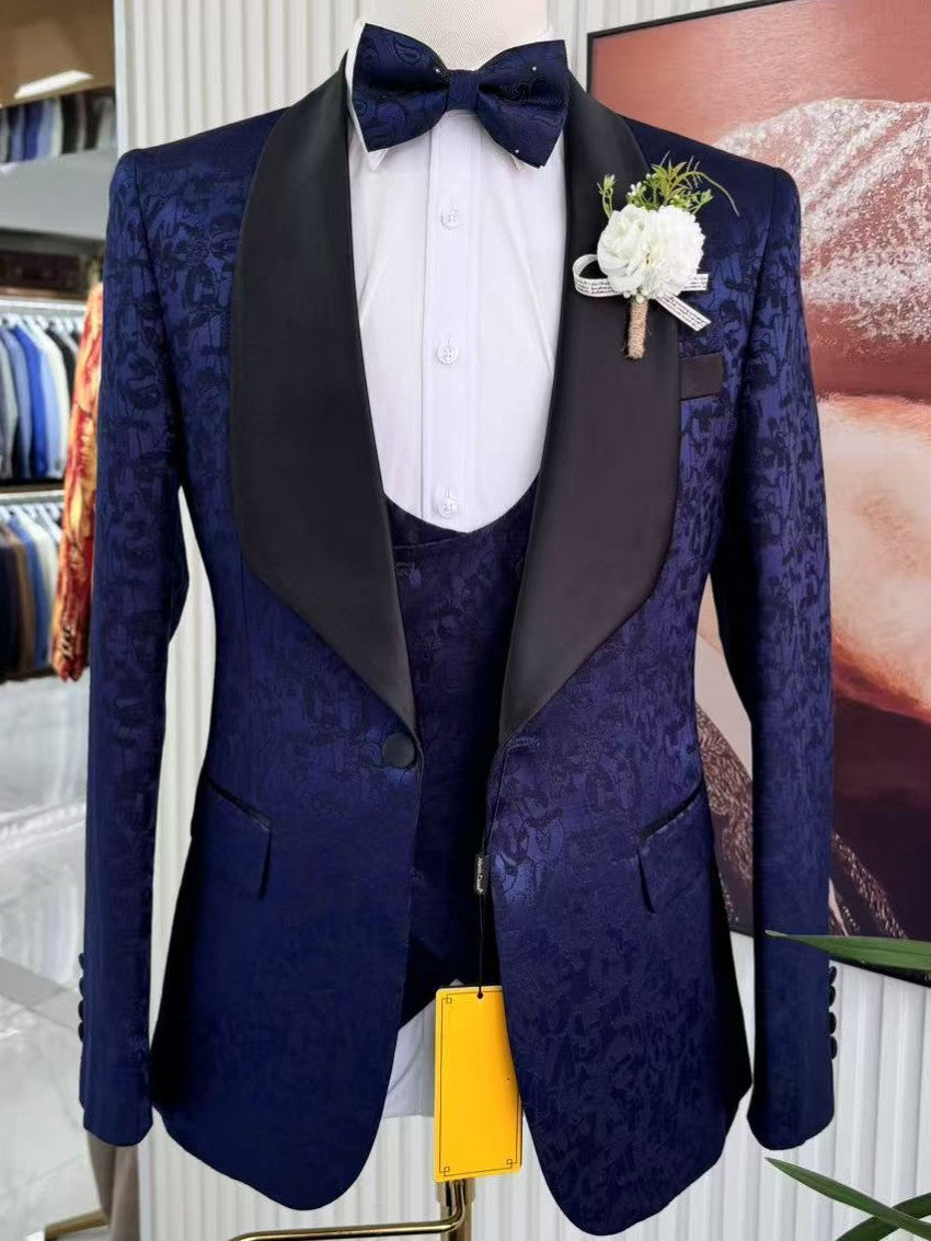Men’s Jacquard Shawl Lapel 3 Piece Tuxedo Suit