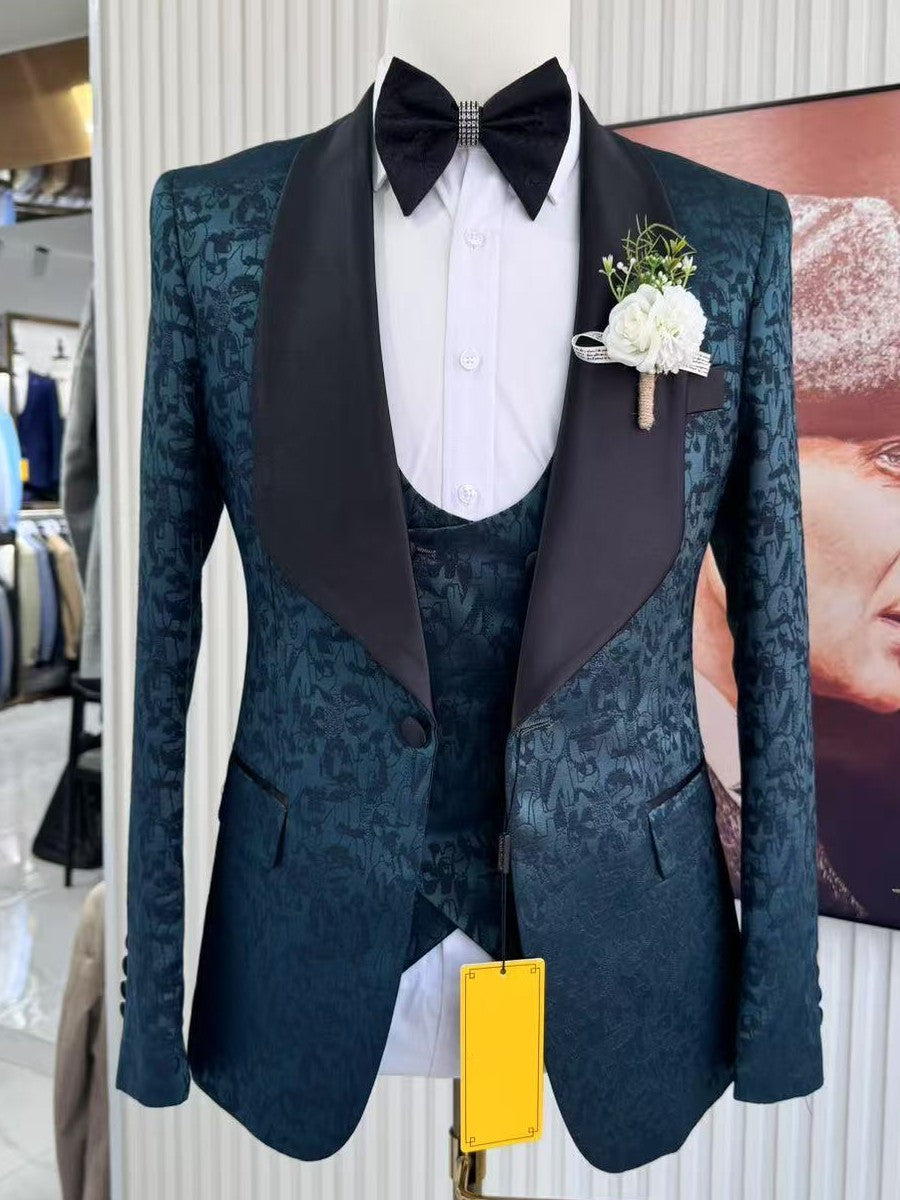 Men’s Jacquard Shawl Lapel 3 Piece Tuxedo Suit