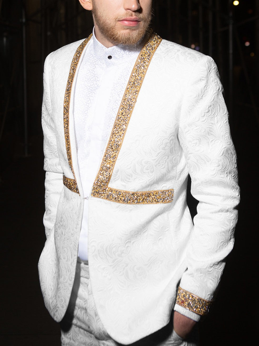 Men’s Jacquard Suit Set with Gold Rhinestone Trim