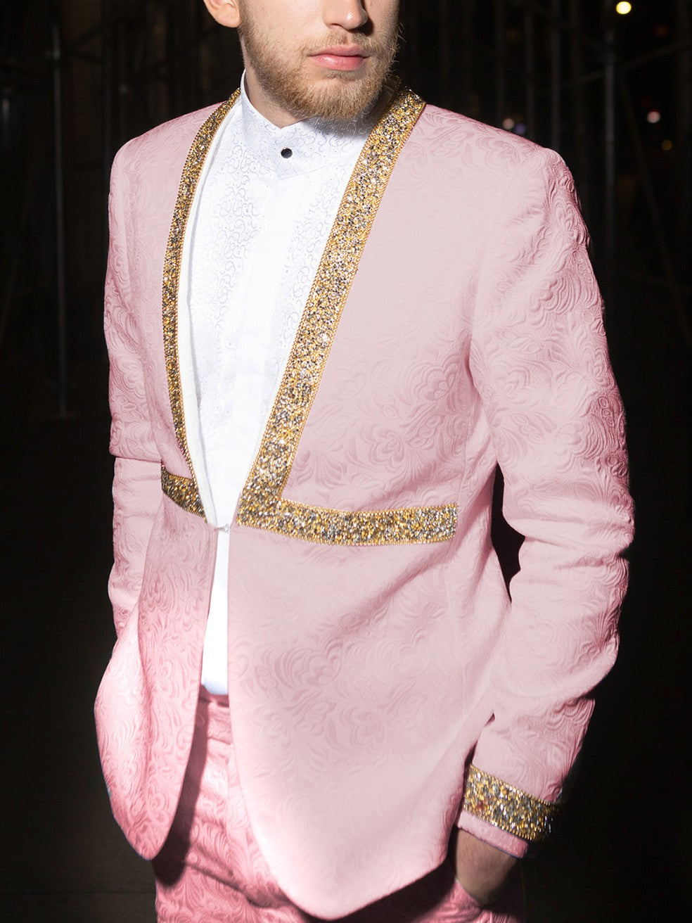 Men’s Jacquard Suit Set with Gold Rhinestone Trim
