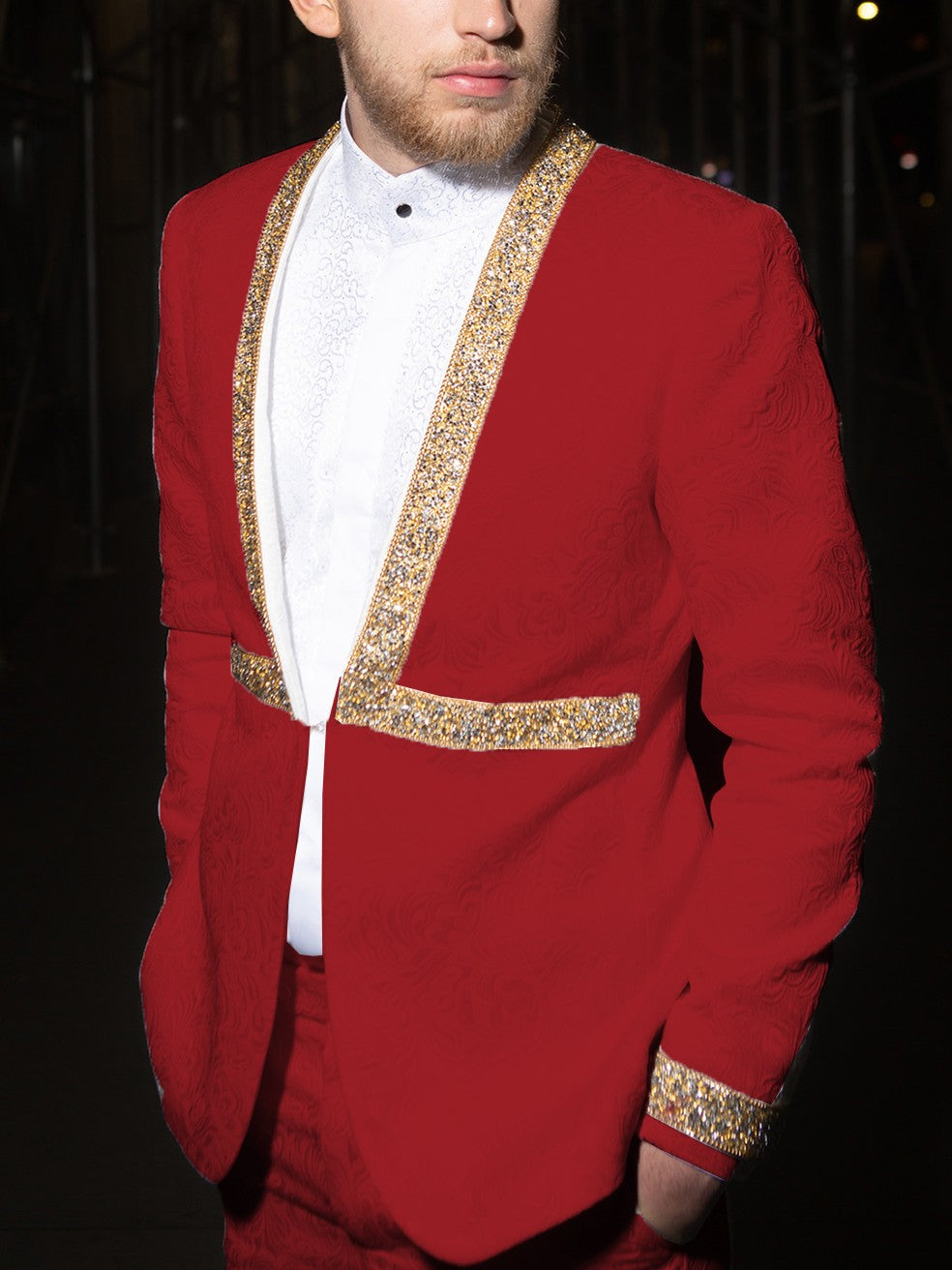 Men’s Jacquard Suit Set with Gold Rhinestone Trim