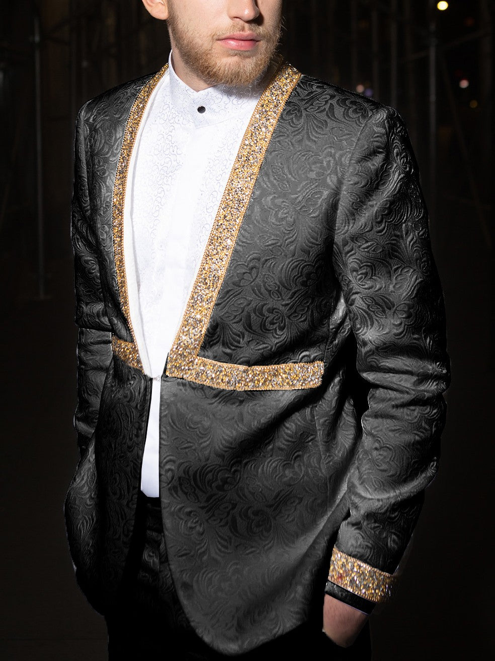 Men’s Jacquard Suit Set with Gold Rhinestone Trim