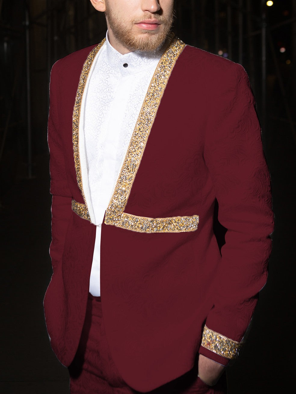 Men’s Jacquard Suit Set with Gold Rhinestone Trim