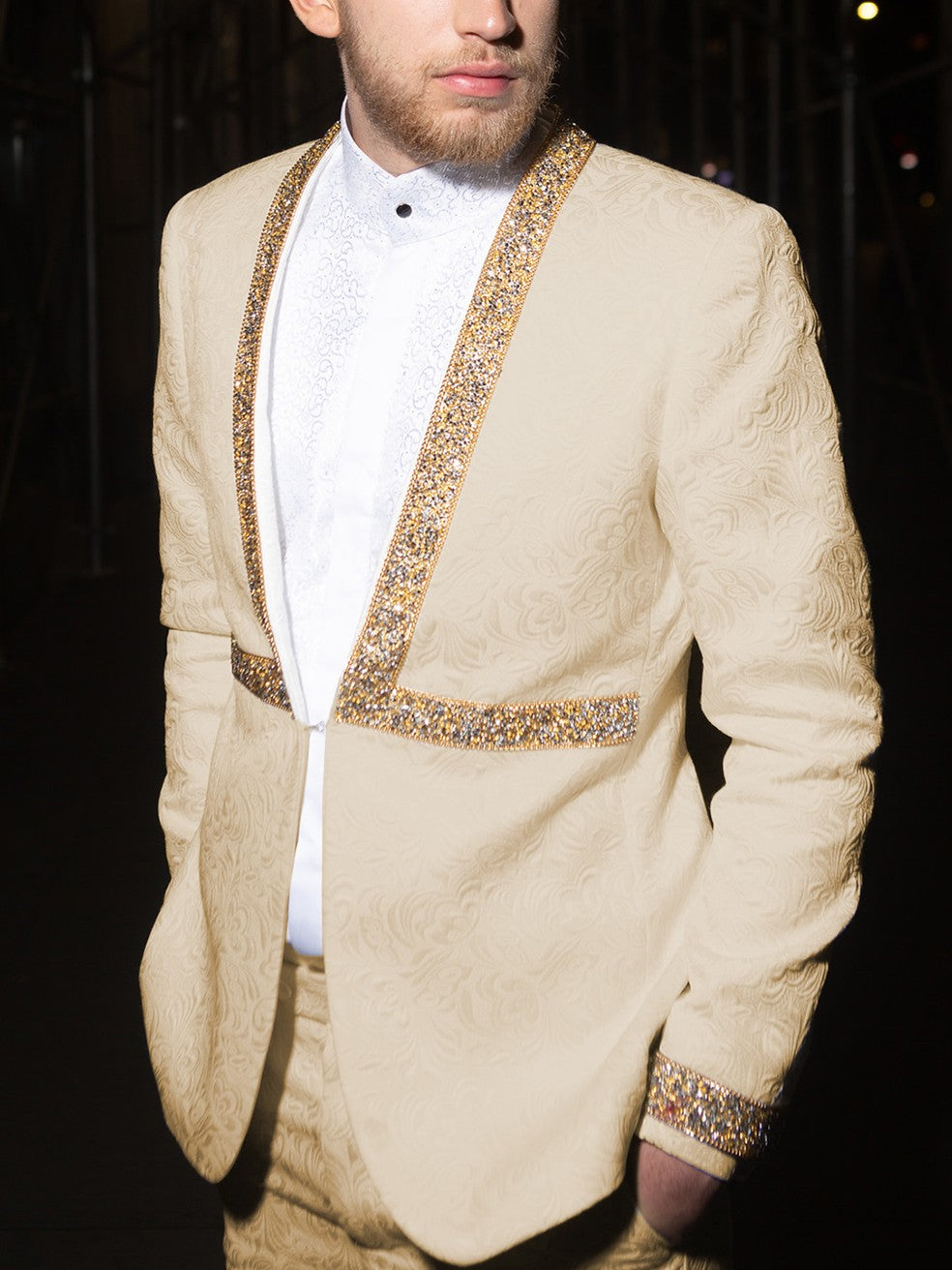 Men’s Jacquard Suit Set with Gold Rhinestone Trim