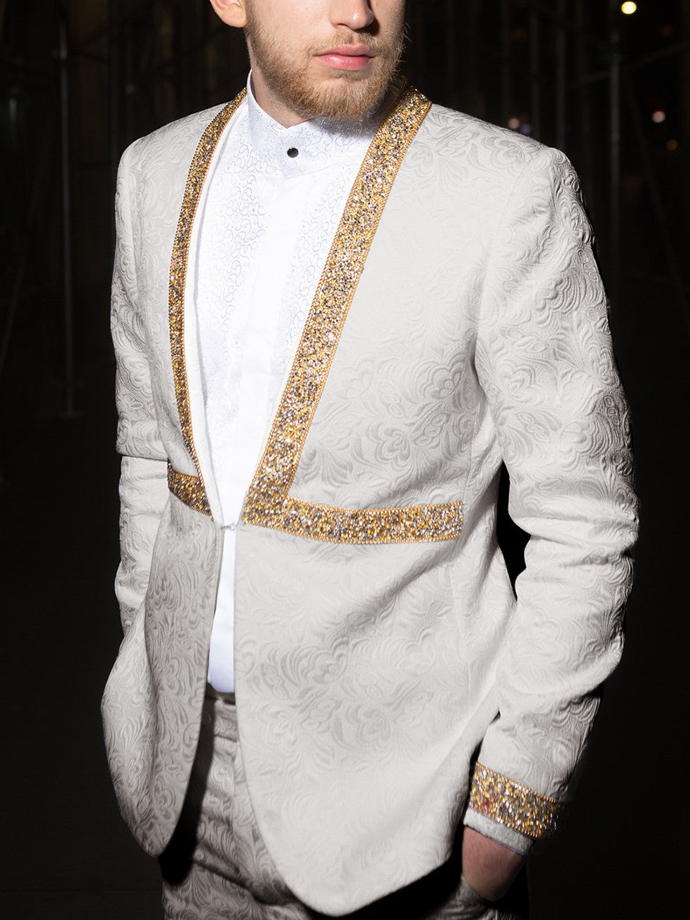 Men’s Jacquard Suit Set with Gold Rhinestone Trim