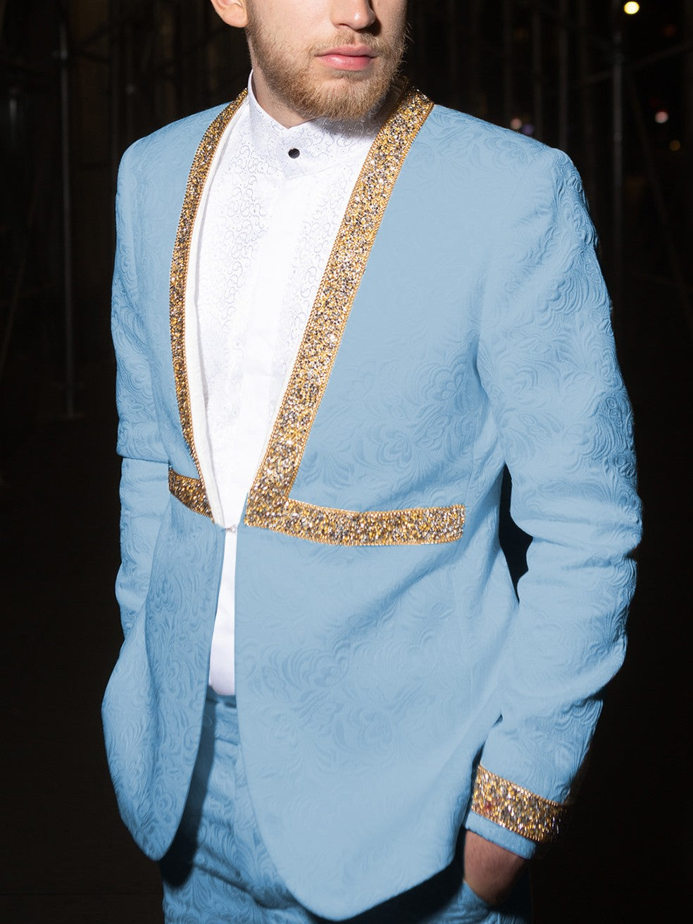 Men’s Jacquard Suit Set with Gold Rhinestone Trim