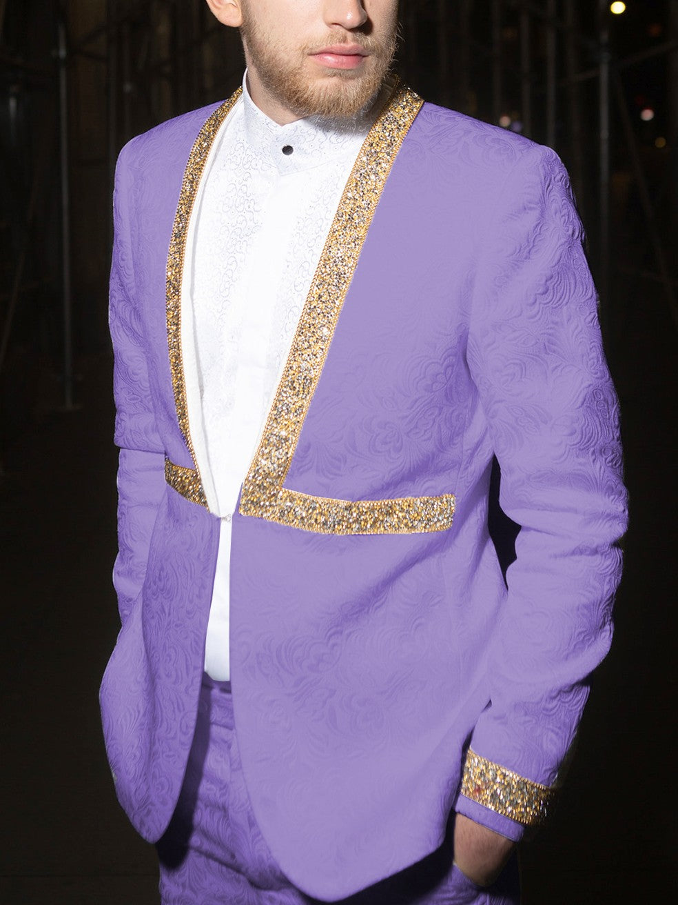 Men’s Jacquard Suit Set with Gold Rhinestone Trim
