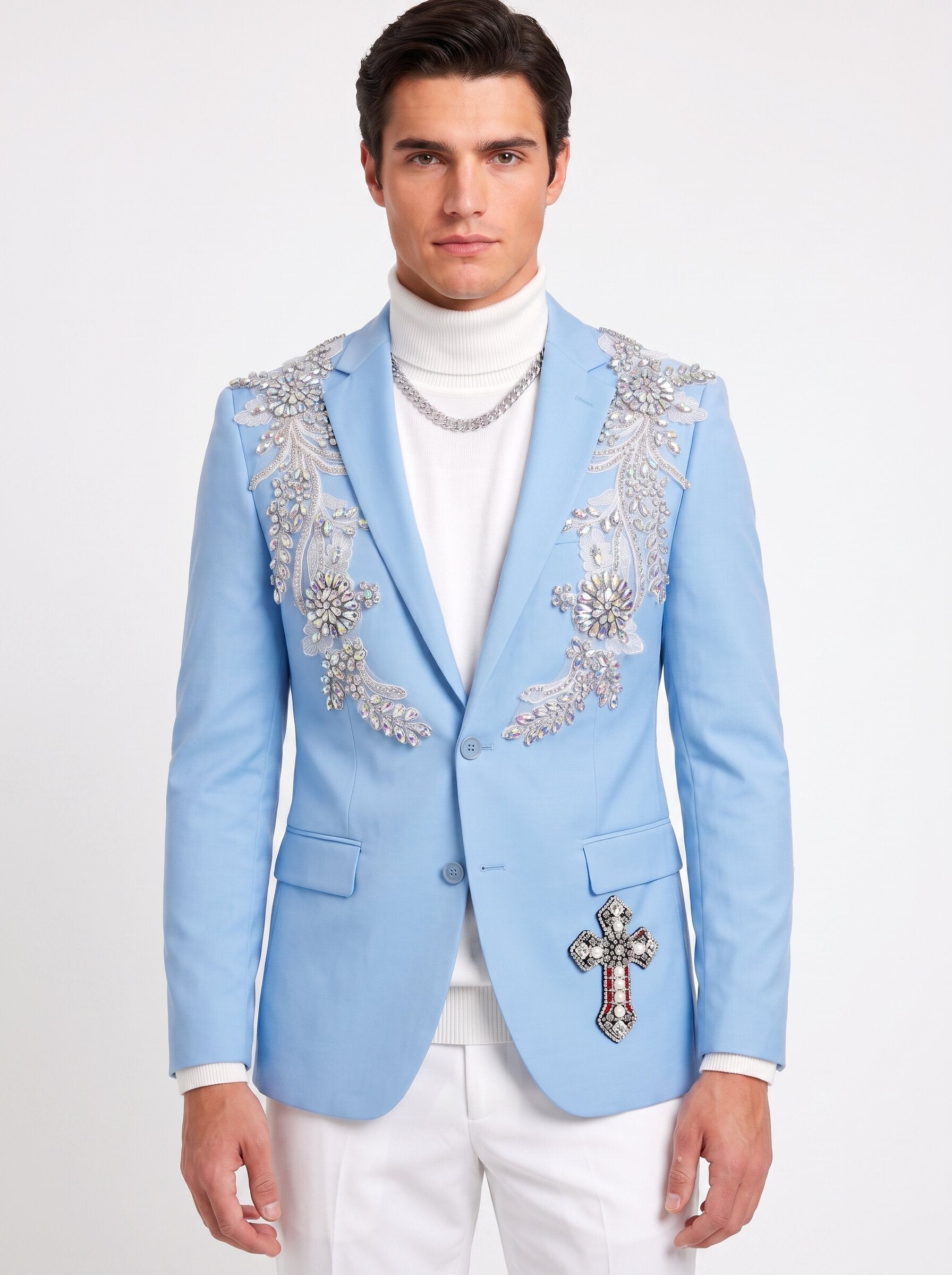 Men’s Light Blue Rhinestone Suit with White Pants