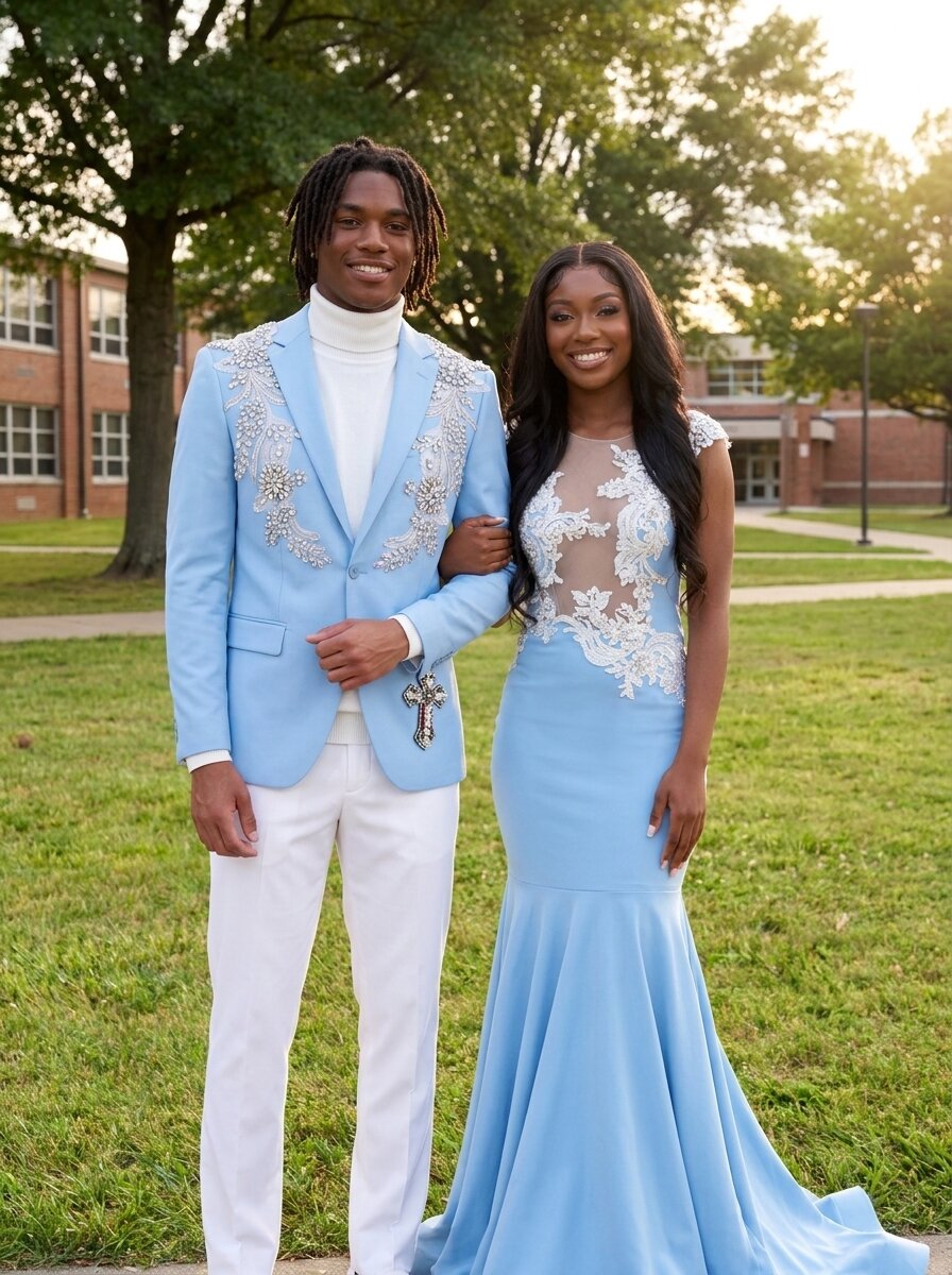 Men’s Light Blue Rhinestone Suit with White Pants