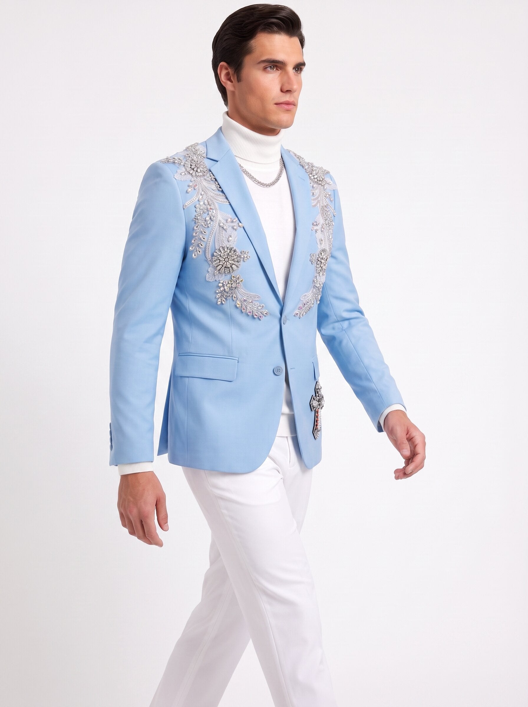 Men’s Light Blue Rhinestone Suit with White Pants