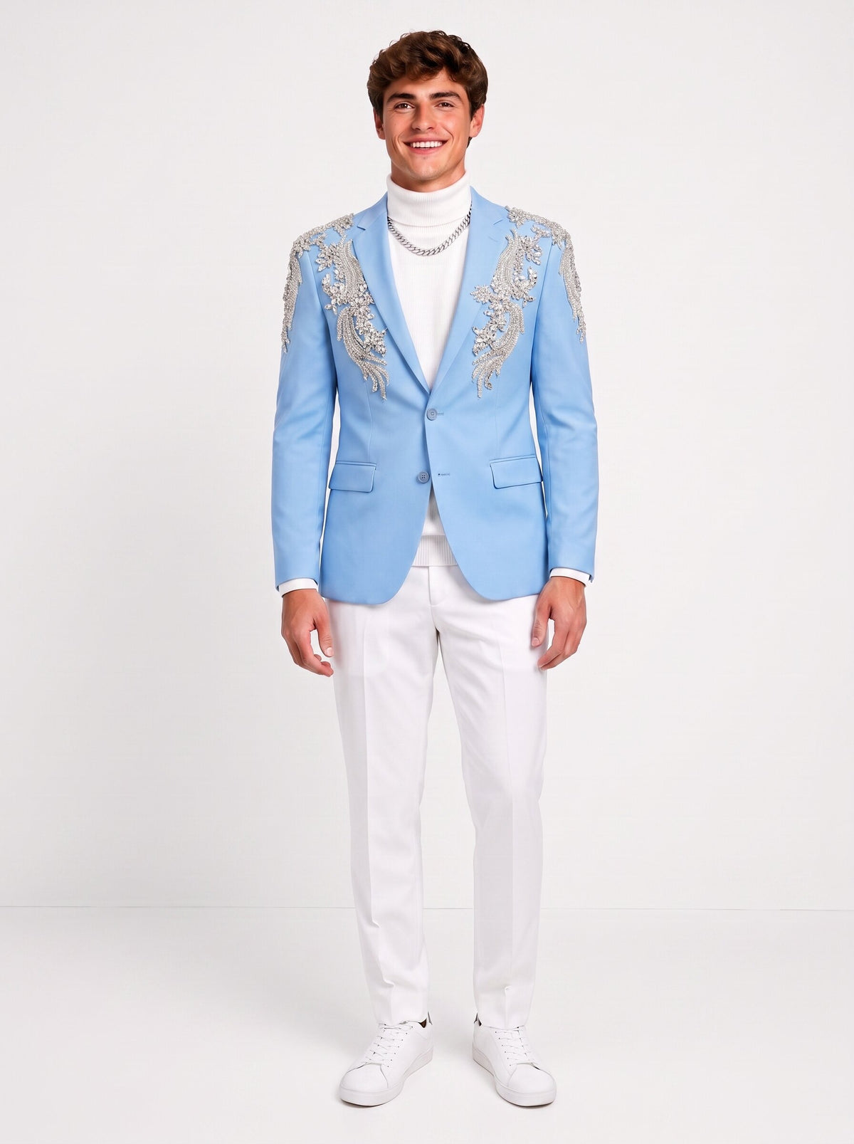 Men’s Light Blue Rhinestone Blazer & White Pants 2-Piece Suit