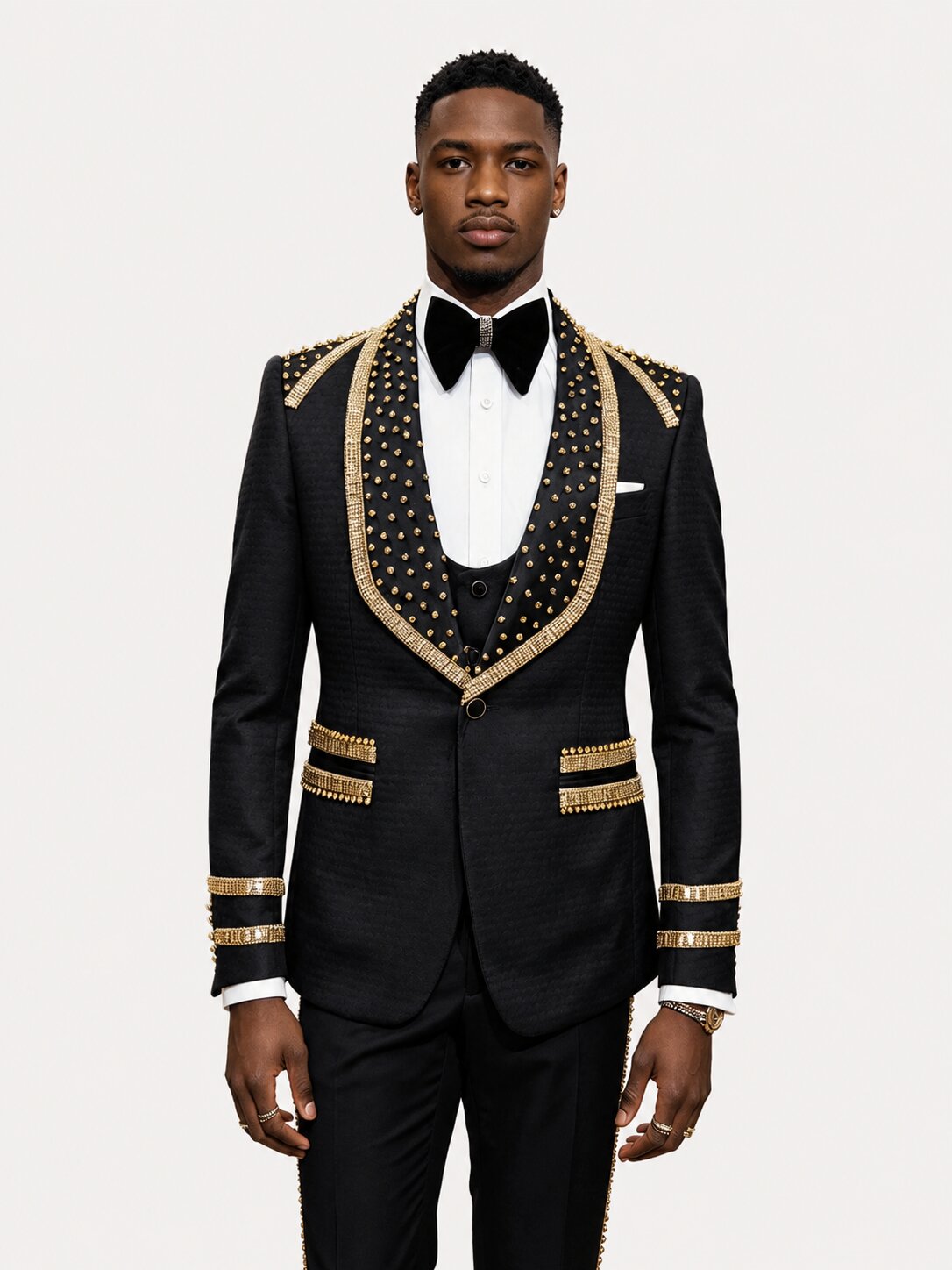 Men's Black Gold Embellished 3 Piece Tuxedo Set
