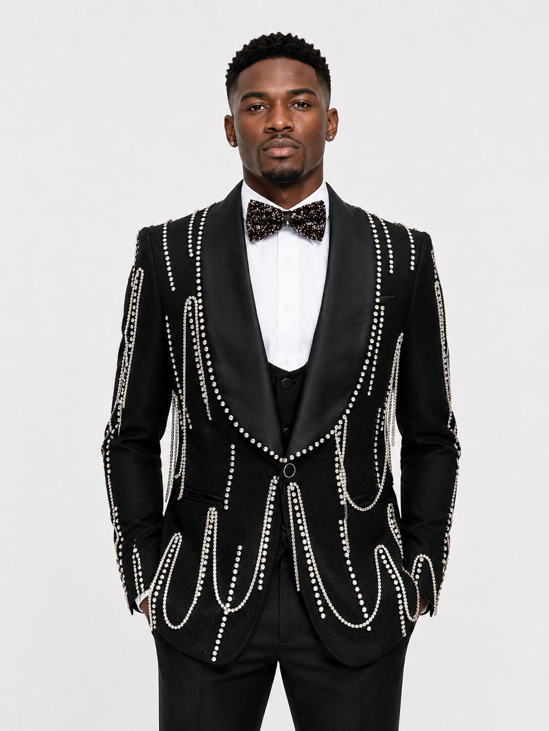 Men’s Luxury Rhinestone Shawl Lapel Tuxedo 3 Piece Suit – Slim Fit Prom & Dinner Blazer Set
