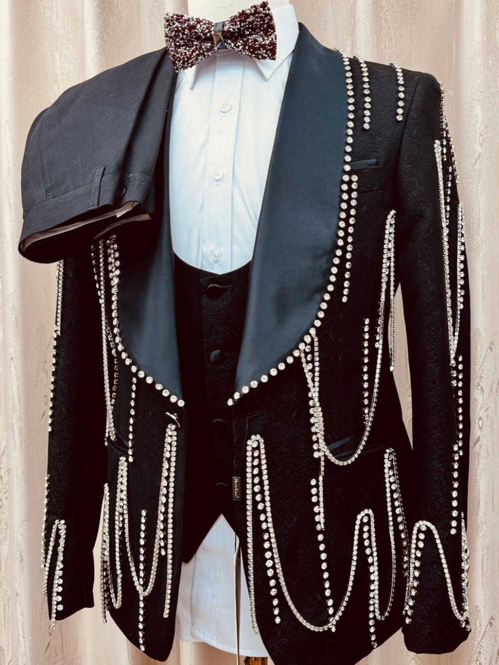 Men’s Luxury Rhinestone Shawl Lapel Tuxedo 3 Piece Suit – Slim Fit Prom & Dinner Blazer Set