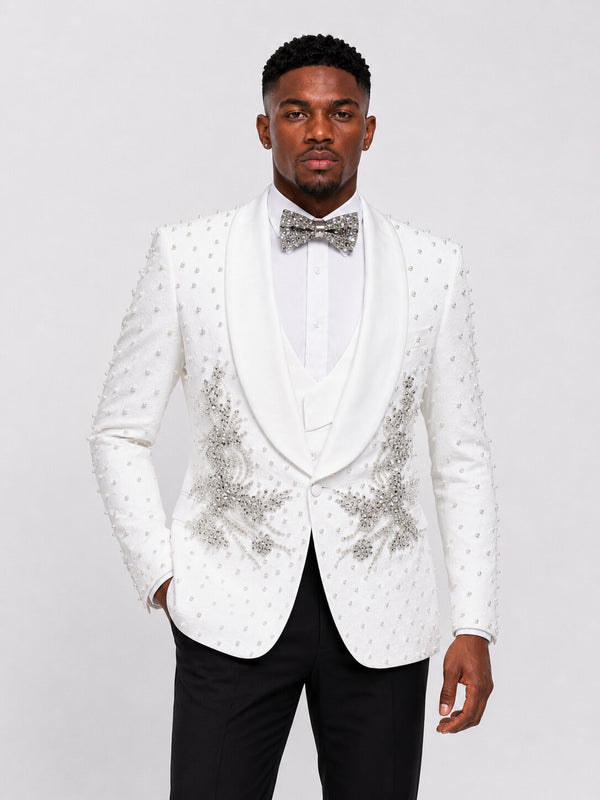 Men’s White Rhinestone Pearl Tuxedo Suit
