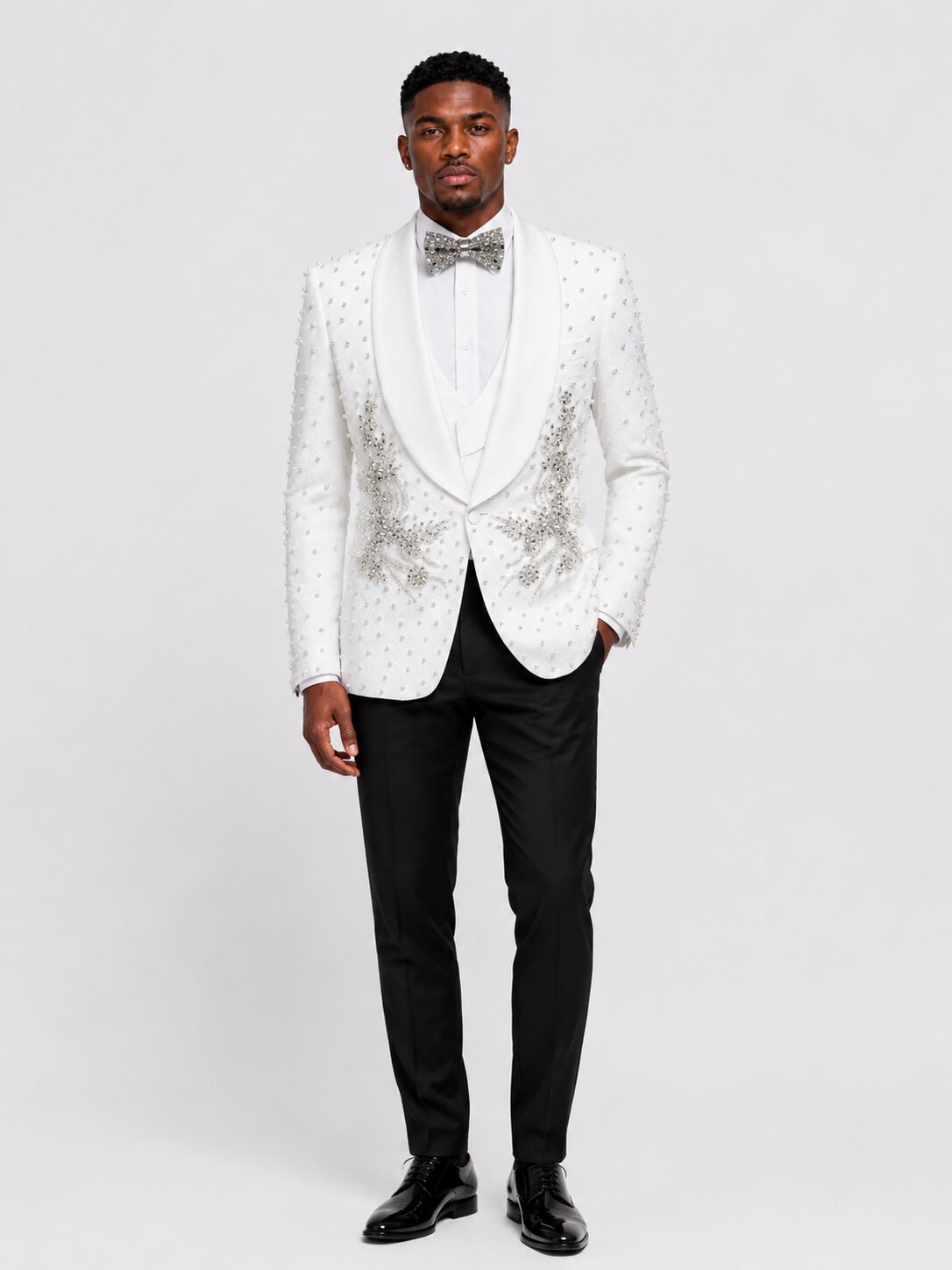 Men’s White Rhinestone Pearl Tuxedo Suit