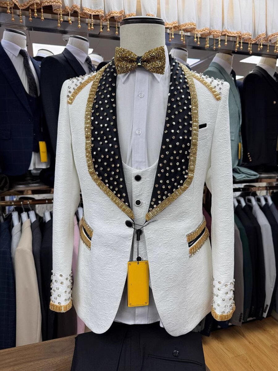 White Jacquard 3 Piece Tuxedo Suit