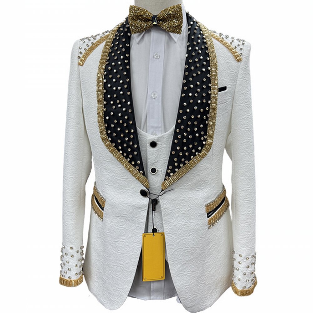 White Jacquard 3 Piece Tuxedo Suit