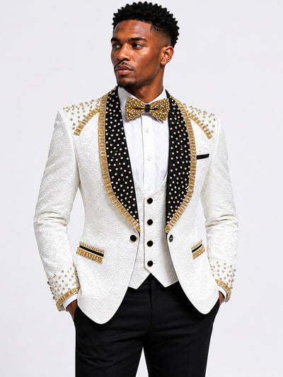 White Rose Jacquard Tuxedo With Gold Embellishments