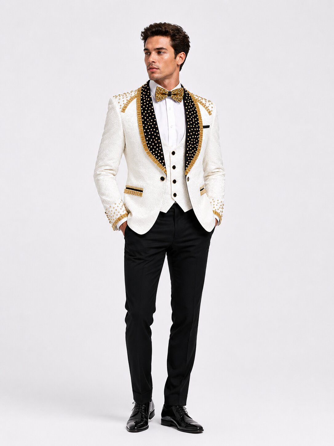 White Jacquard 3 Piece Tuxedo Suit