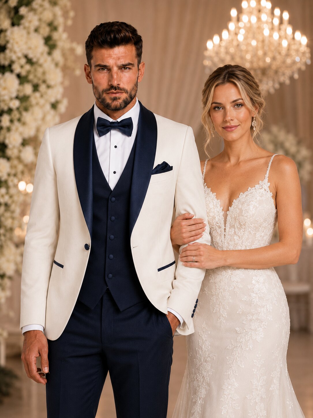 Men’s Ivory and Navy 3 Piece Wedding Tuxedo