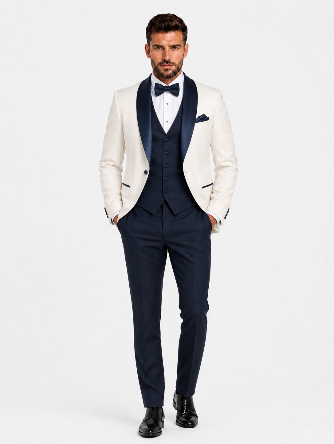 Men’s Ivory and Navy 3 Piece Wedding Tuxedo